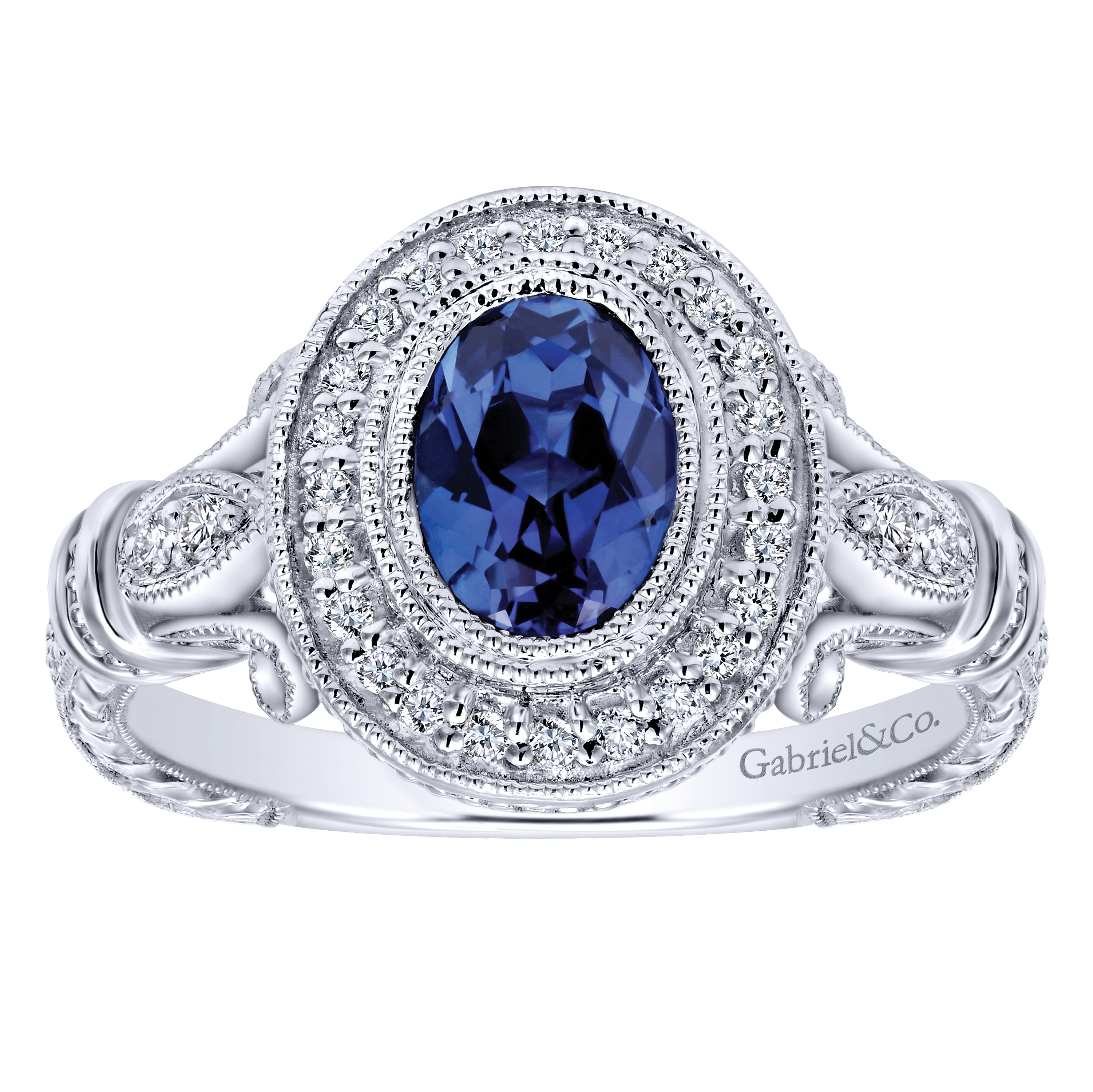 14k White Gold Vintage Inspired Classic Oval Sapphire and Diamond Halo Ring - 0.2 ct - Shot 4