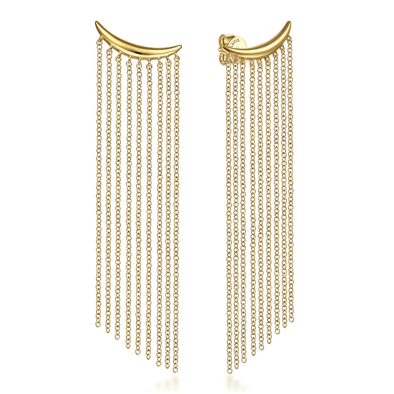 14k Yellow Gold Curved Bar And Waterfall Chain Earrings - Shot 1