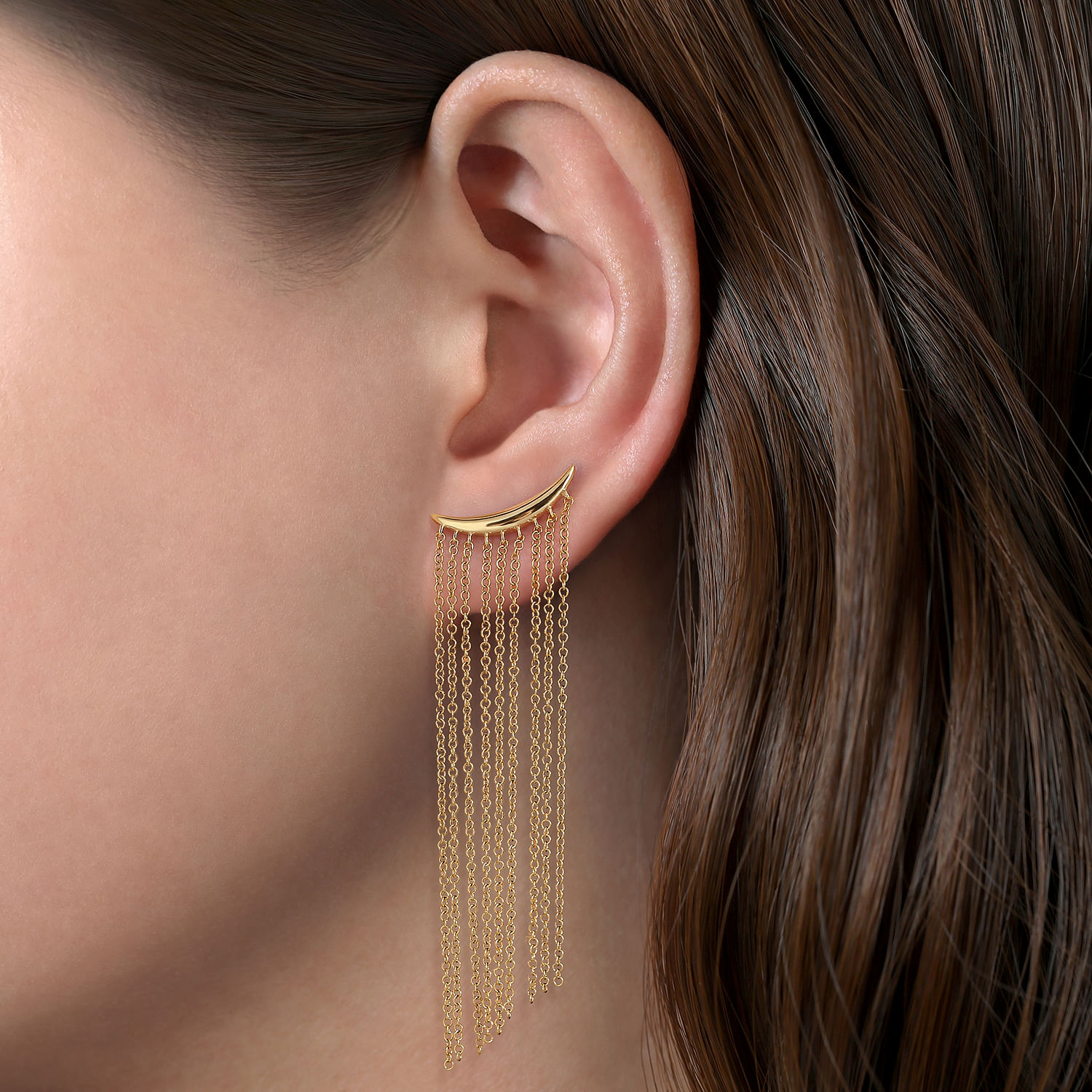 14k Yellow Gold Curved Bar And Waterfall Chain Earrings - Shot 2