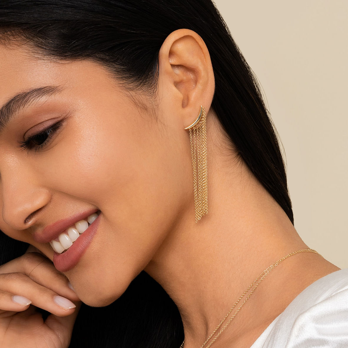 14k Yellow Gold Curved Bar And Waterfall Chain Earrings - Shot 3