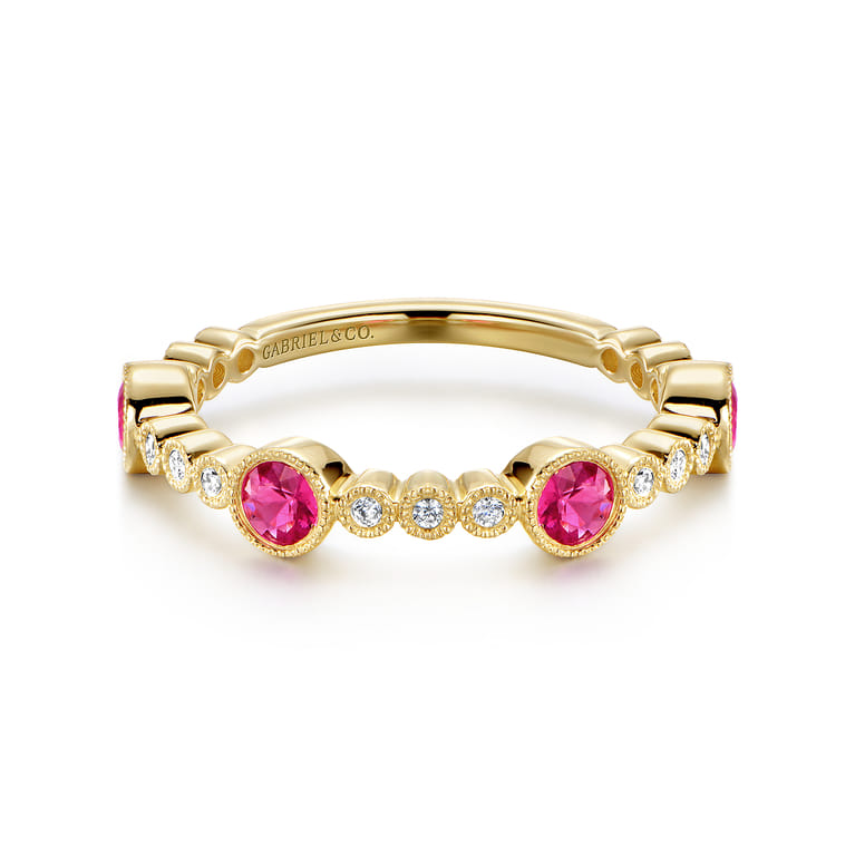 14k Yellow Gold Diamond and Ruby Stackable Ring - 0.1 ct - Shot 1