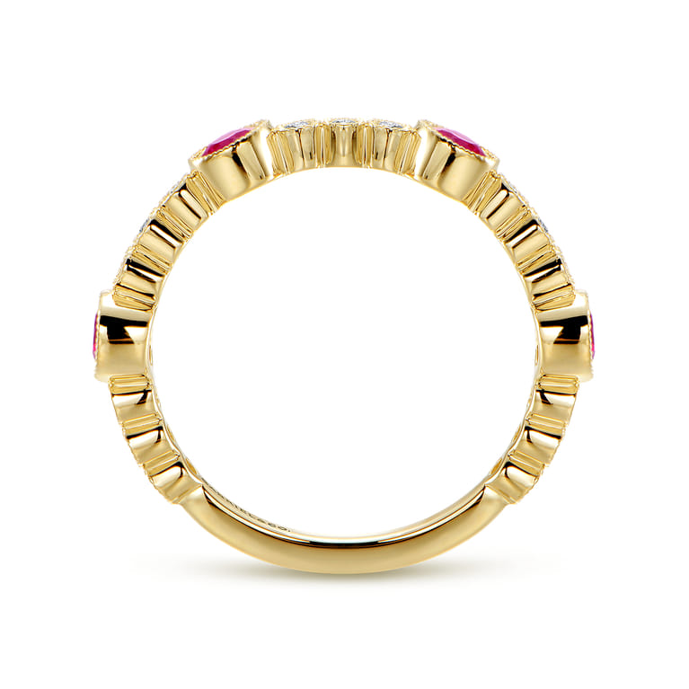 14k Yellow Gold Diamond and Ruby Stackable Ring - 0.1 ct - Shot 2
