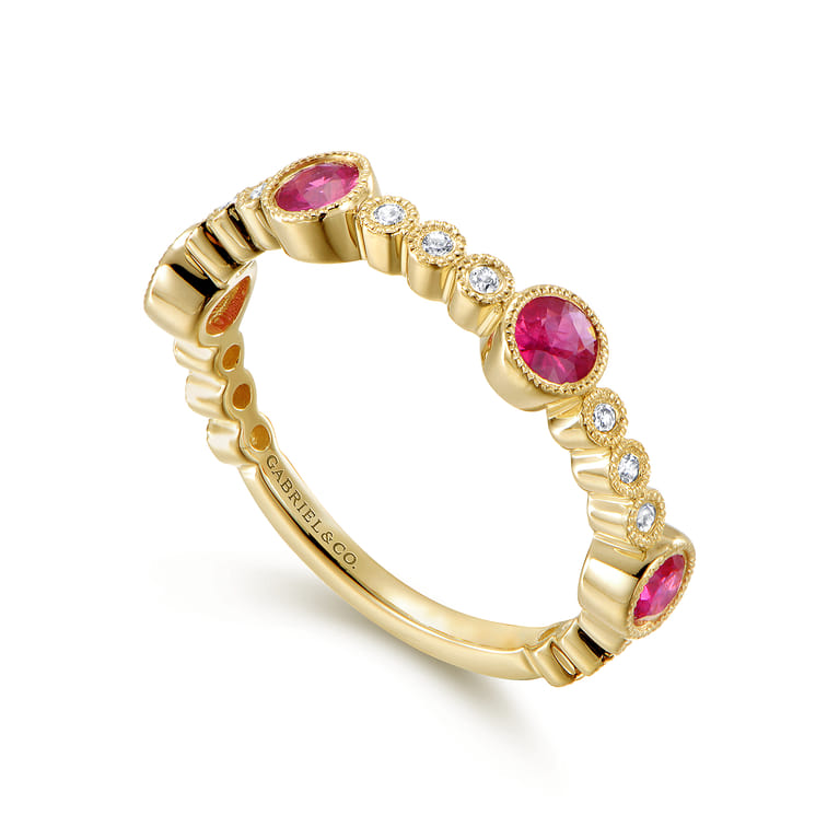 14k Yellow Gold Diamond and Ruby Stackable Ring - 0.1 ct - Shot 3