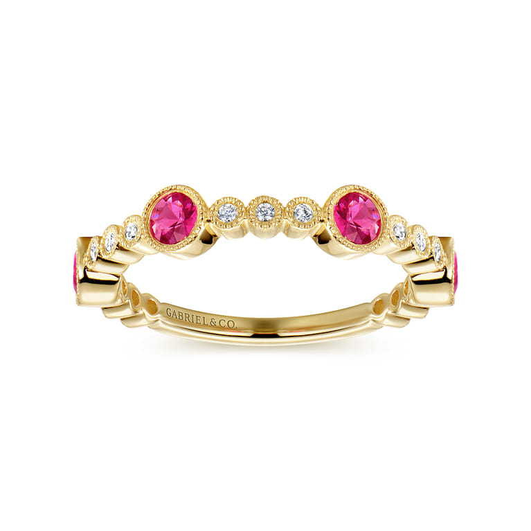 14k Yellow Gold Diamond and Ruby Stackable Ring - 0.1 ct - Shot 4