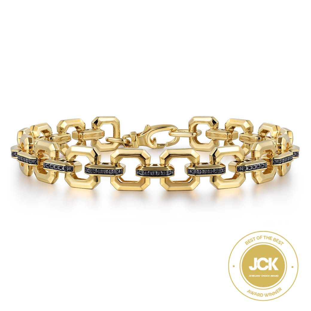 14k Yellow Gold Men's Link Chain Tennis Bracelet with Black Spinel