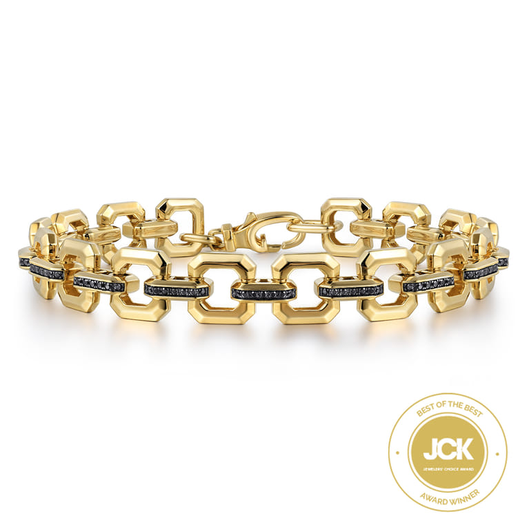 14k Yellow Gold Men's Link Chain Tennis Bracelet with Black Spinel Connectors - Shot 1