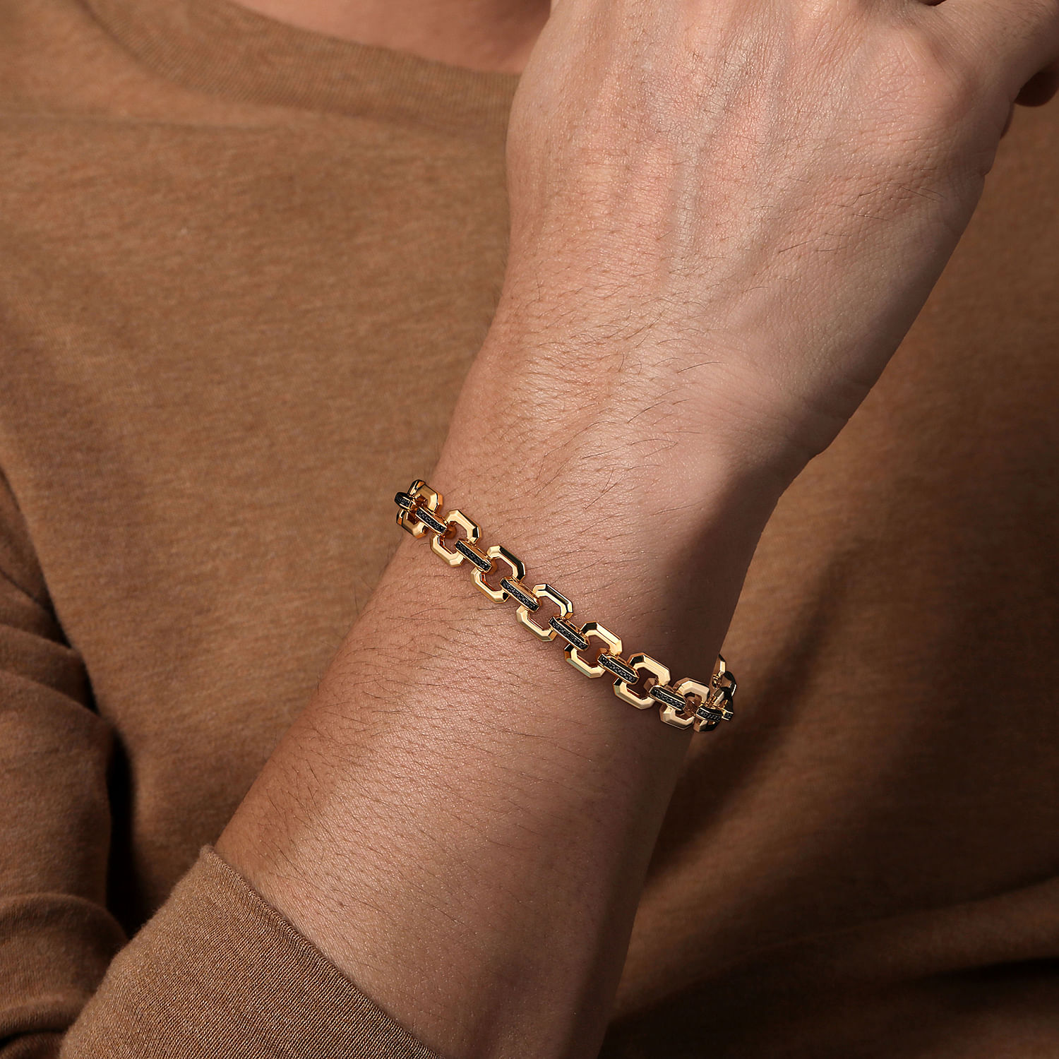 14k Yellow Gold Men's Link Chain Tennis Bracelet with Black Spinel Connectors - Shot 3