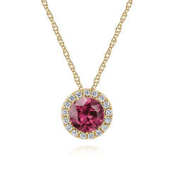14k Yellow Gold Round Cut Diamond Halo  Pink Tourmaline Pendant Necklace