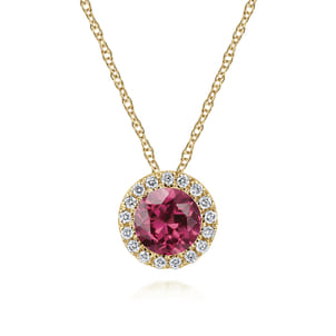 14k Yellow Gold Round Cut Diamond Halo  Pink Tourmaline Pendant Necklace
