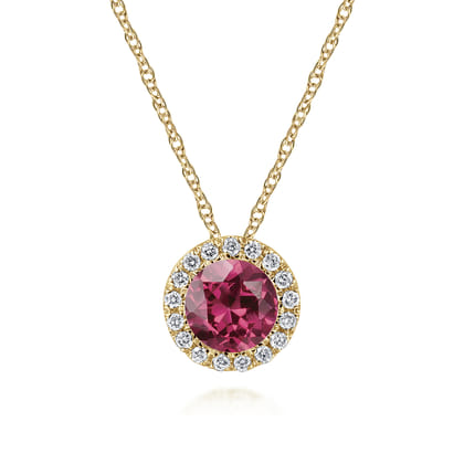 14k Yellow Gold Round Cut Diamond Halo  Pink Tourmaline Pendant Necklace