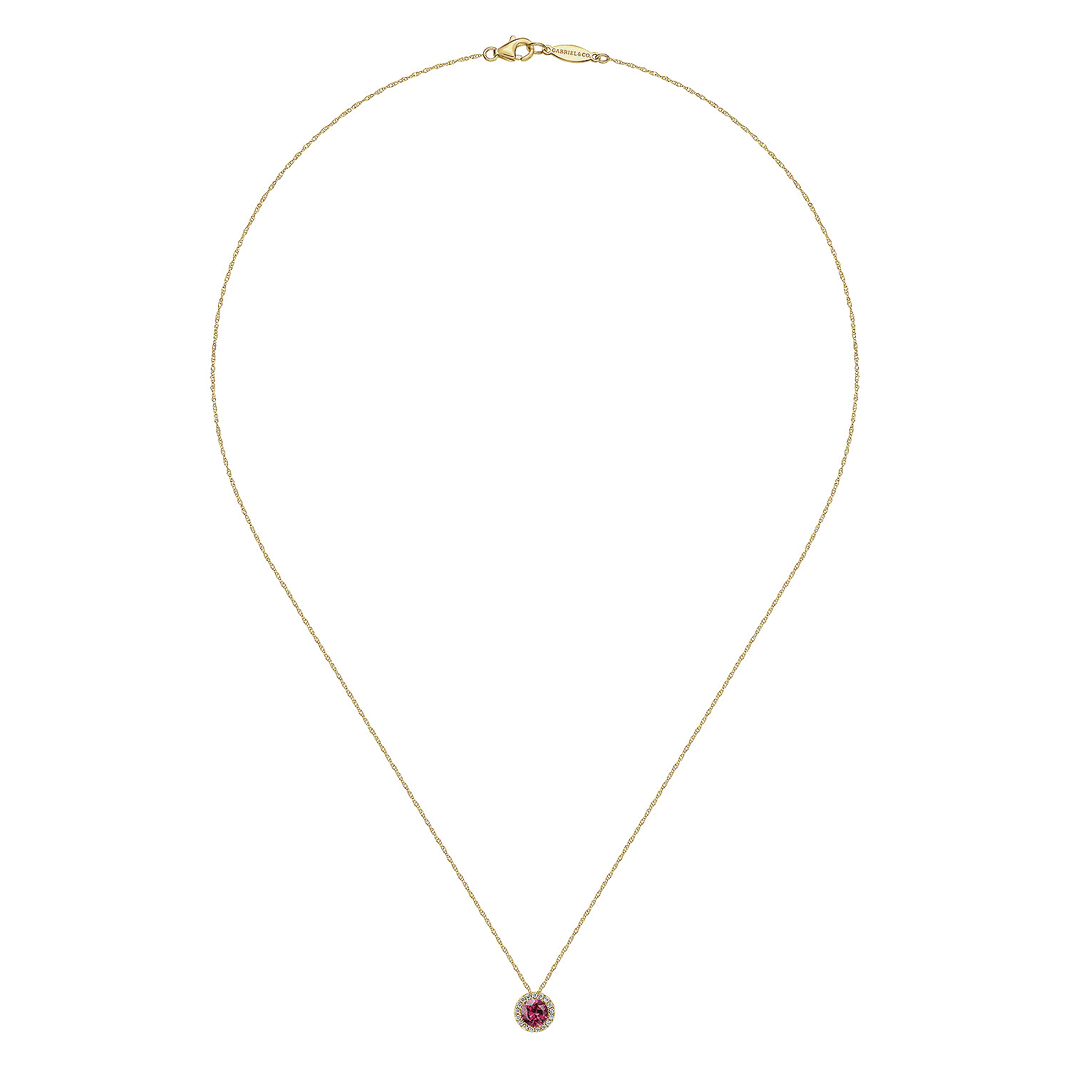 14k Yellow Gold Round Cut Diamond Halo  Pink Tourmaline Pendant Necklace