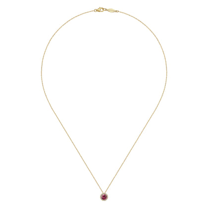 14k Yellow Gold Round Cut Diamond Halo  Pink Tourmaline Pendant Necklace