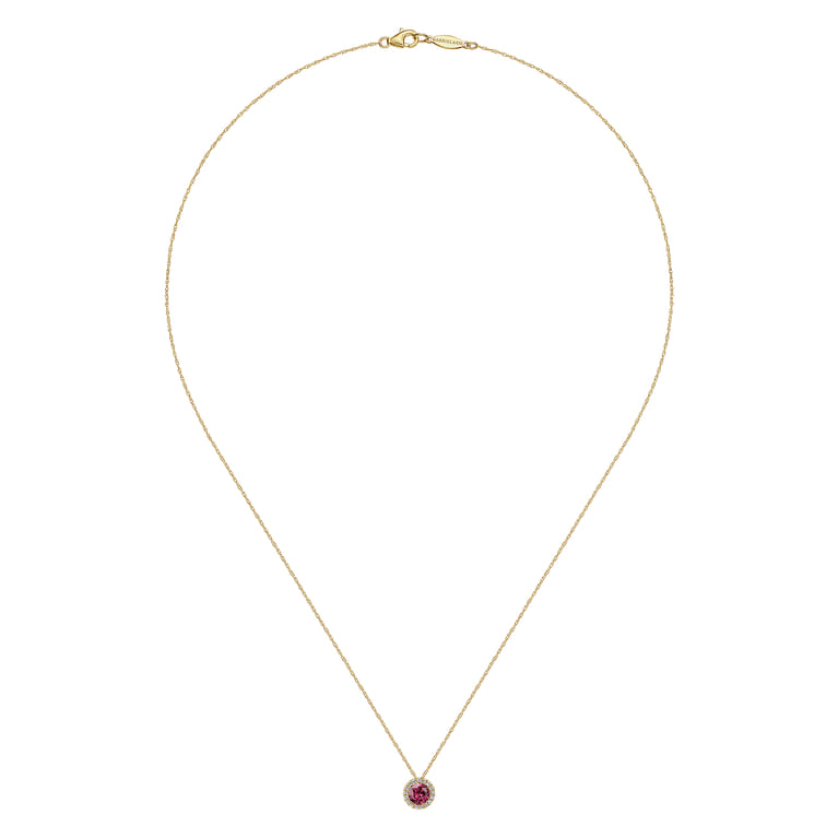 14k Yellow Gold Round Cut Diamond Halo  Pink Tourmaline Pendant Necklace - 0.07 ct - Shot 2
