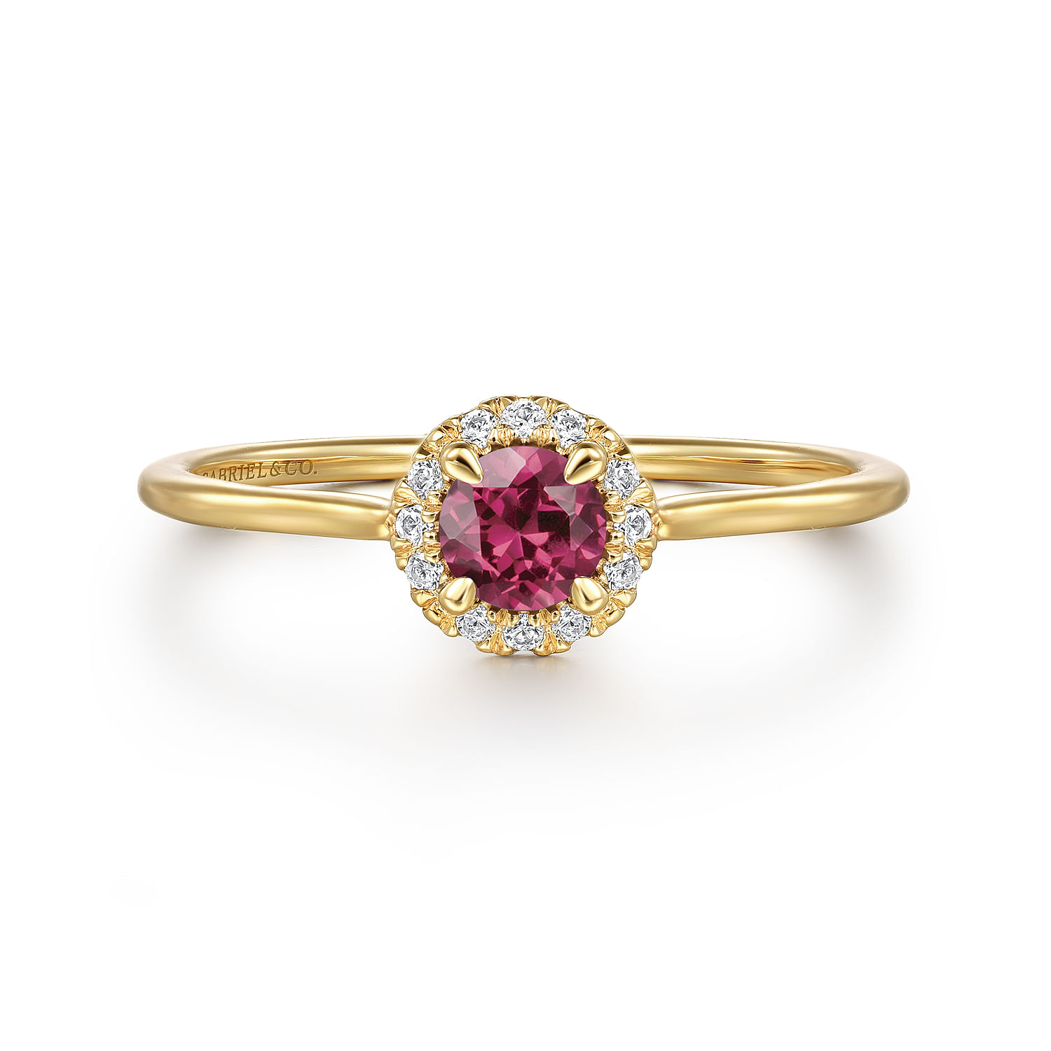 14k Yellow Gold Round Cut Diamond Halo  Pink Tourmaline Promise Ring