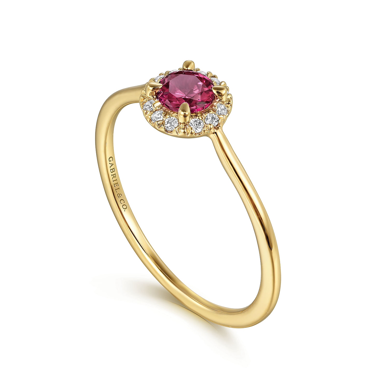 14k Yellow Gold Round Cut Diamond Halo  Pink Tourmaline Promise Ring