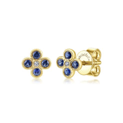 14k Yellow Gold Round Diamond & Sapphire Stud Earrings