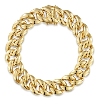 14mm 14K Yellow Gold Hollow Classic Plain Men's Cuban Link Chain Bracelet