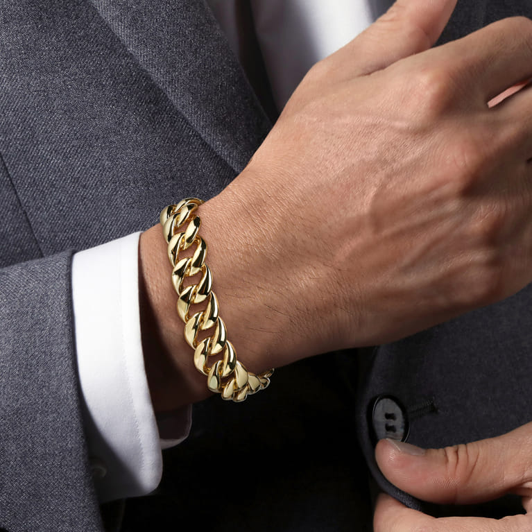 14mm 14K Yellow Gold Hollow Classic Plain Men's Cuban Link Chain Bracelet - Shot 3