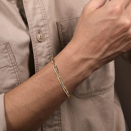 14mm 14K Yellow Gold Men's Hollow Link Chain Bracelet