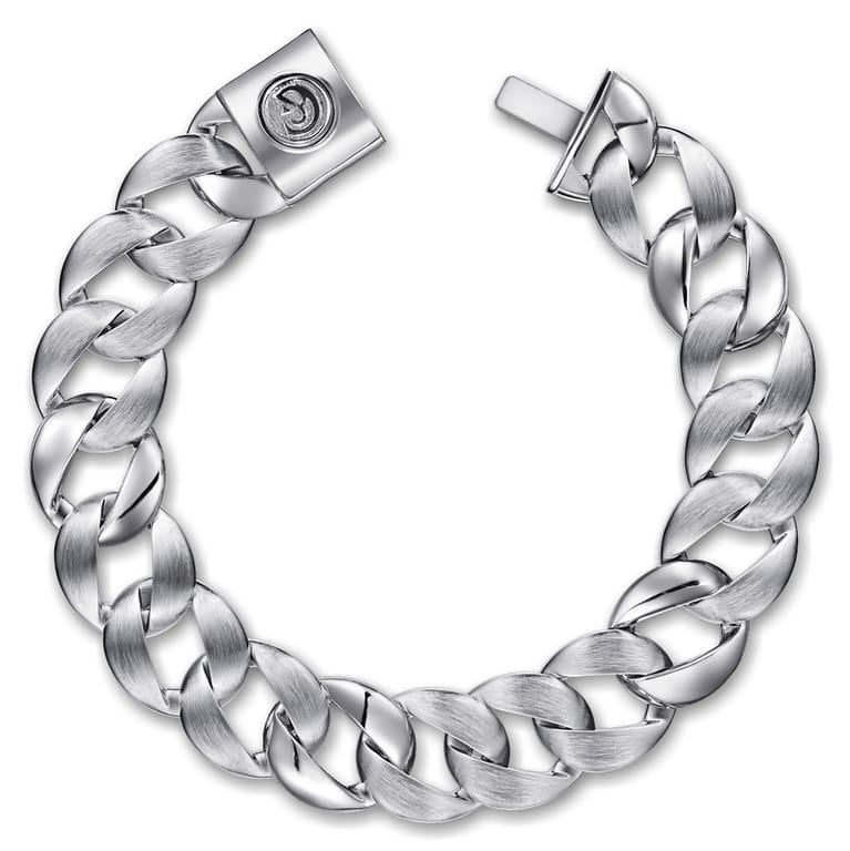 14mm 925 Sterling Silver Men's Solid Flat Heavy Link Chain Bracelet - Shot 1