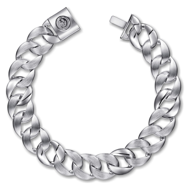 14mm 925 Sterling Silver Men's Solid Flat Heavy Link Chain Bracelet - Shot 1
