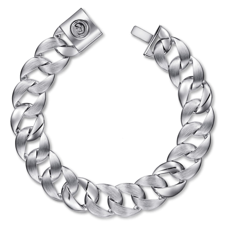 14mm 925 Sterling Silver Men's Solid Flat Heavy Link Chain Bracelet - Shot 1