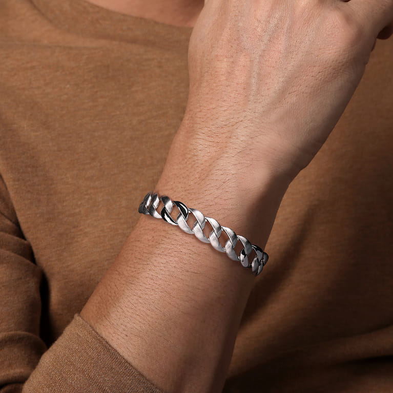 14mm 925 Sterling Silver Men's Solid Flat Heavy Link Chain Bracelet - Shot 3