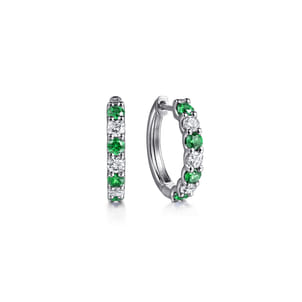 15mm 14K White Gold Diamond and Emerald Huggie Earrings