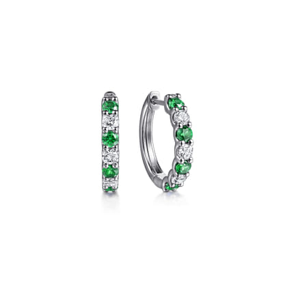 15mm 14K White Gold Diamond and Emerald Huggie Earrings