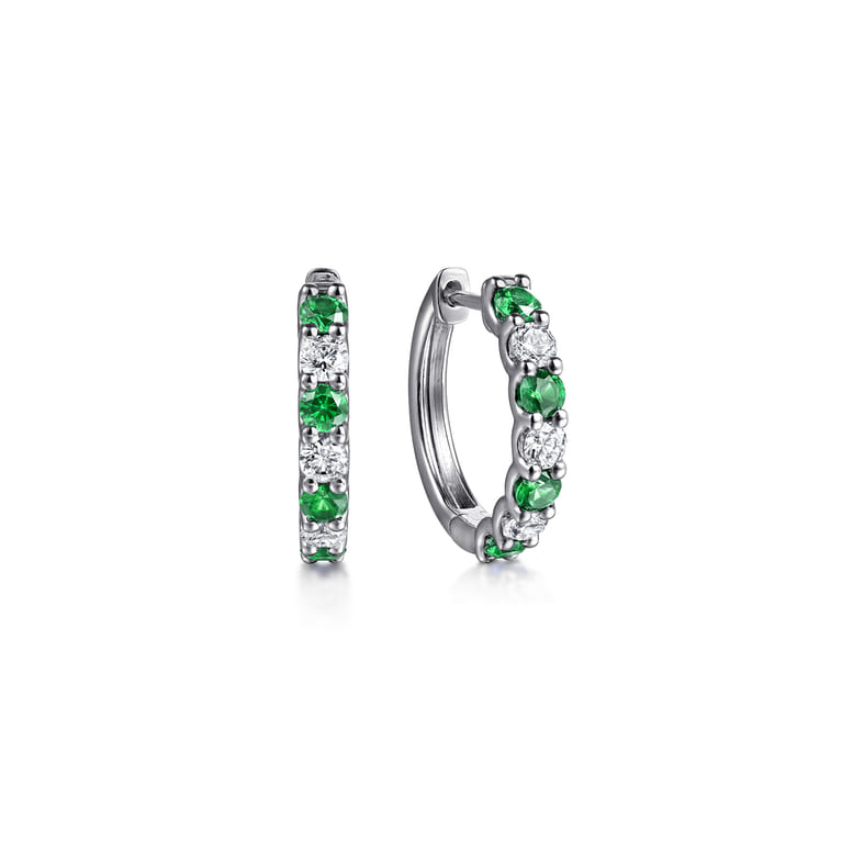 15mm 14K White Gold Diamond and Emerald Huggie Earrings - 0.38 ct - Shot 1