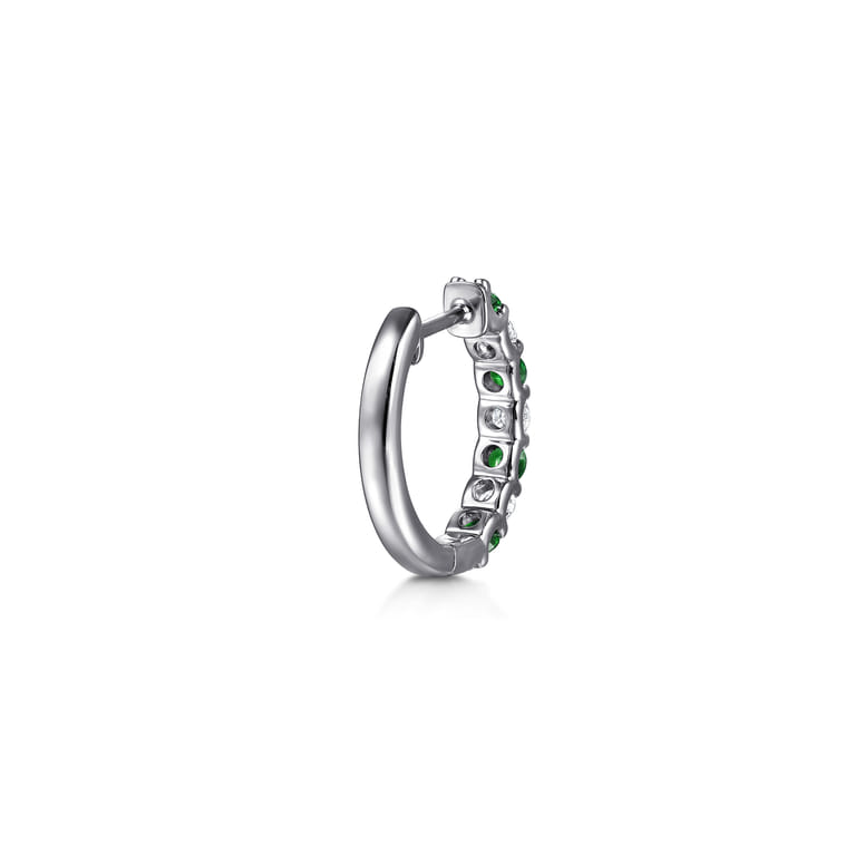 15mm 14K White Gold Diamond and Emerald Huggie Earrings - 0.38 ct - Shot 2