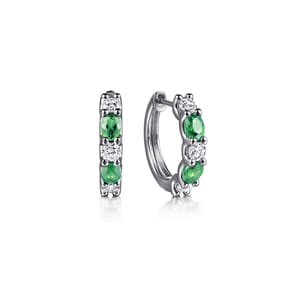 15mm 14K White Gold Diamond and Oval Emerald Huggie Earrings