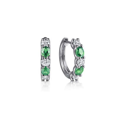 15mm 14K White Gold Diamond and Oval Emerald Huggie Earrings