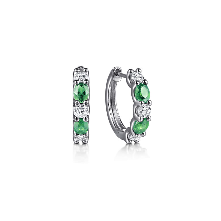 15mm 14K White Gold Diamond and Oval Emerald Huggie Earrings - 0.5 ct - Shot 1