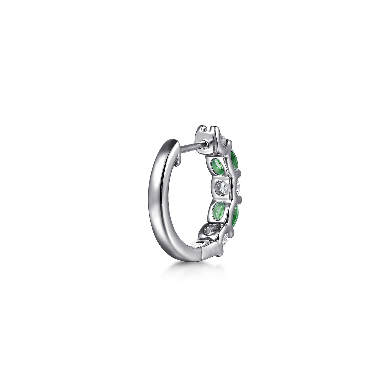 15mm 14K White Gold Diamond and Oval Emerald Huggie Earrings