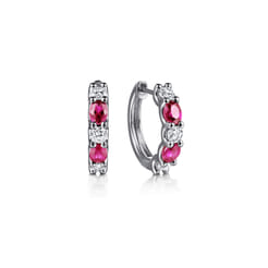 15mm 14K White Gold Diamond and Oval Ruby Huggie Earrings