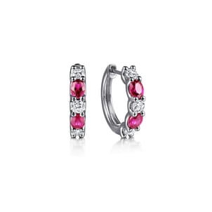 15mm 14K White Gold Diamond and Oval Ruby Huggie Earrings