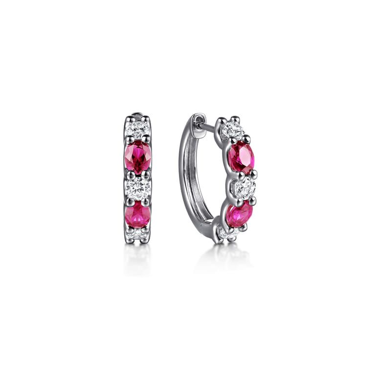 15mm 14K White Gold Diamond and Oval Ruby Huggie Earrings - 0.5 ct - Shot 1