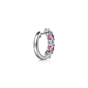 15mm 14K White Gold Diamond and Oval Ruby Huggie Earrings