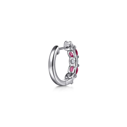 15mm 14K White Gold Diamond and Oval Ruby Huggie Earrings