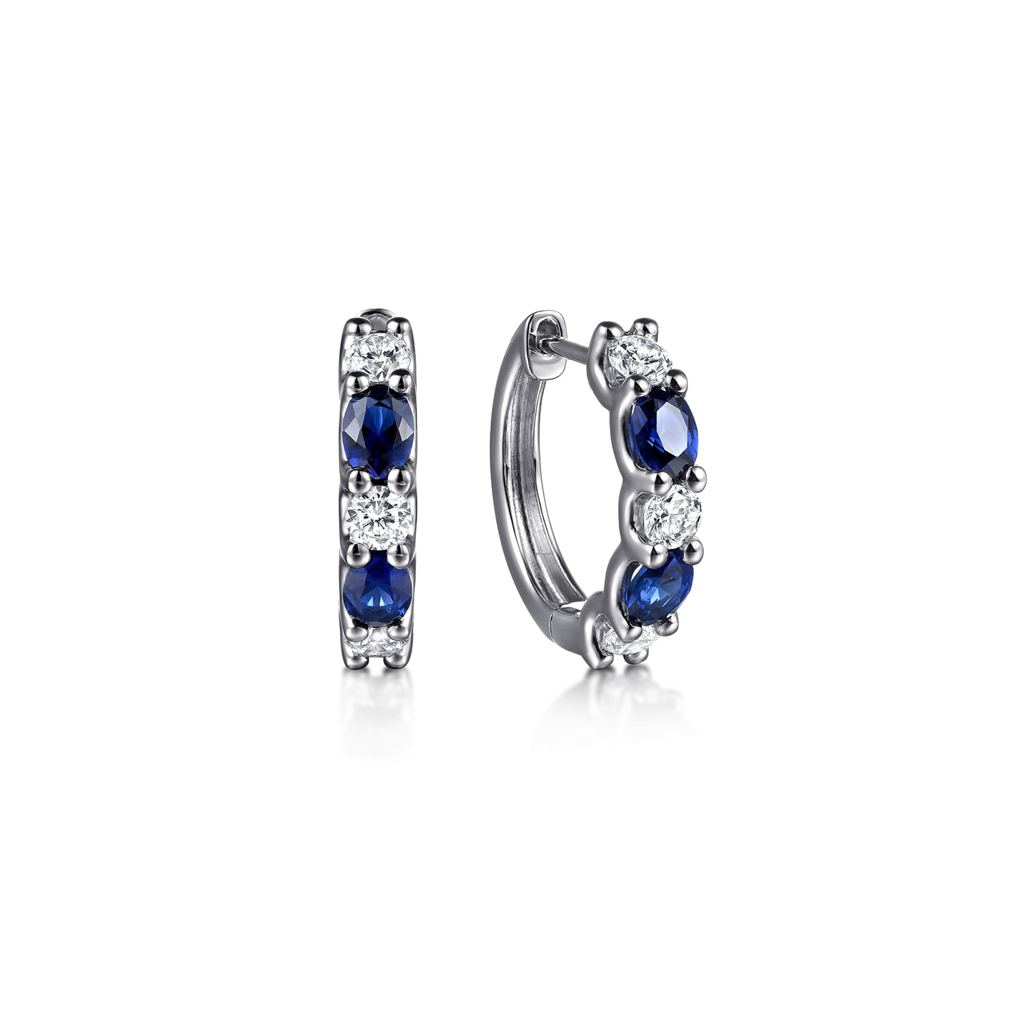 15mm 14K White Gold Diamond and Oval Sapphire Huggie Earrings - 0.5 ct - Shot 1