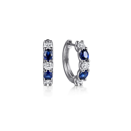 15mm 14K White Gold Diamond and Oval Sapphire Huggie Earrings