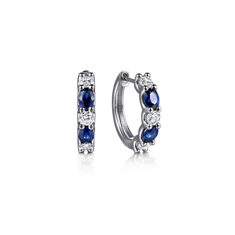 15mm 14K White Gold Diamond and Oval Sapphire Huggie Earrings - 0.5 ct - Shot 1