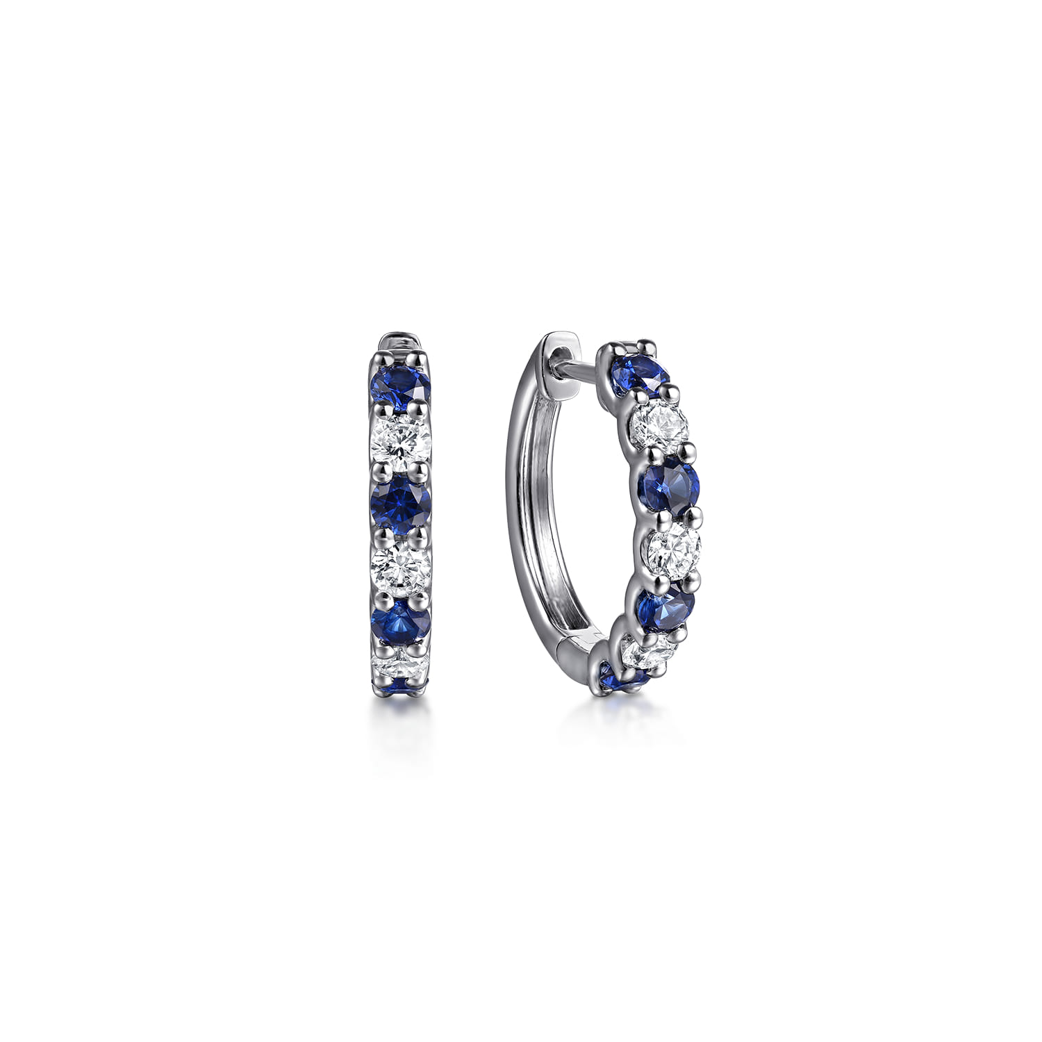 15mm 14K White Gold Diamond and Sapphire Huggie Earrings - 0.38 ct - Shot 1