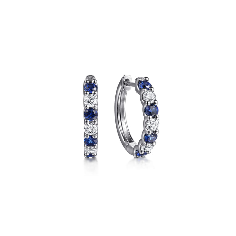 15mm 14K White Gold Diamond and Sapphire Huggie Earrings - 0.38 ct - Shot 1