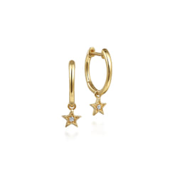 15mm 14K Yellow Gold Diamond Star Shape Huggie Drop Earrings