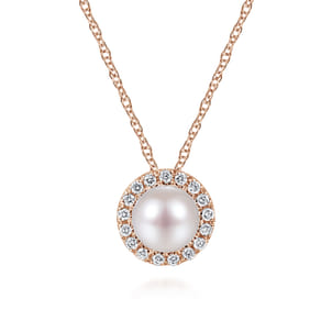 18 Inch 14K Rose Gold Pearl and Diamond Halo Pendant Necklace
