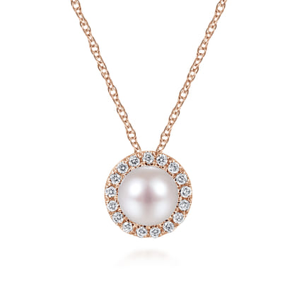 18 Inch 14K Rose Gold Pearl and Diamond Halo Pendant Necklace