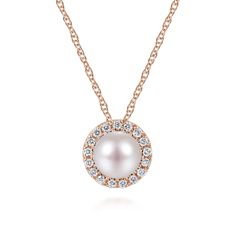 18 Inch 14K Rose Gold Pearl and Diamond Halo Pendant Necklace - 0.05 ct - Shot 1
