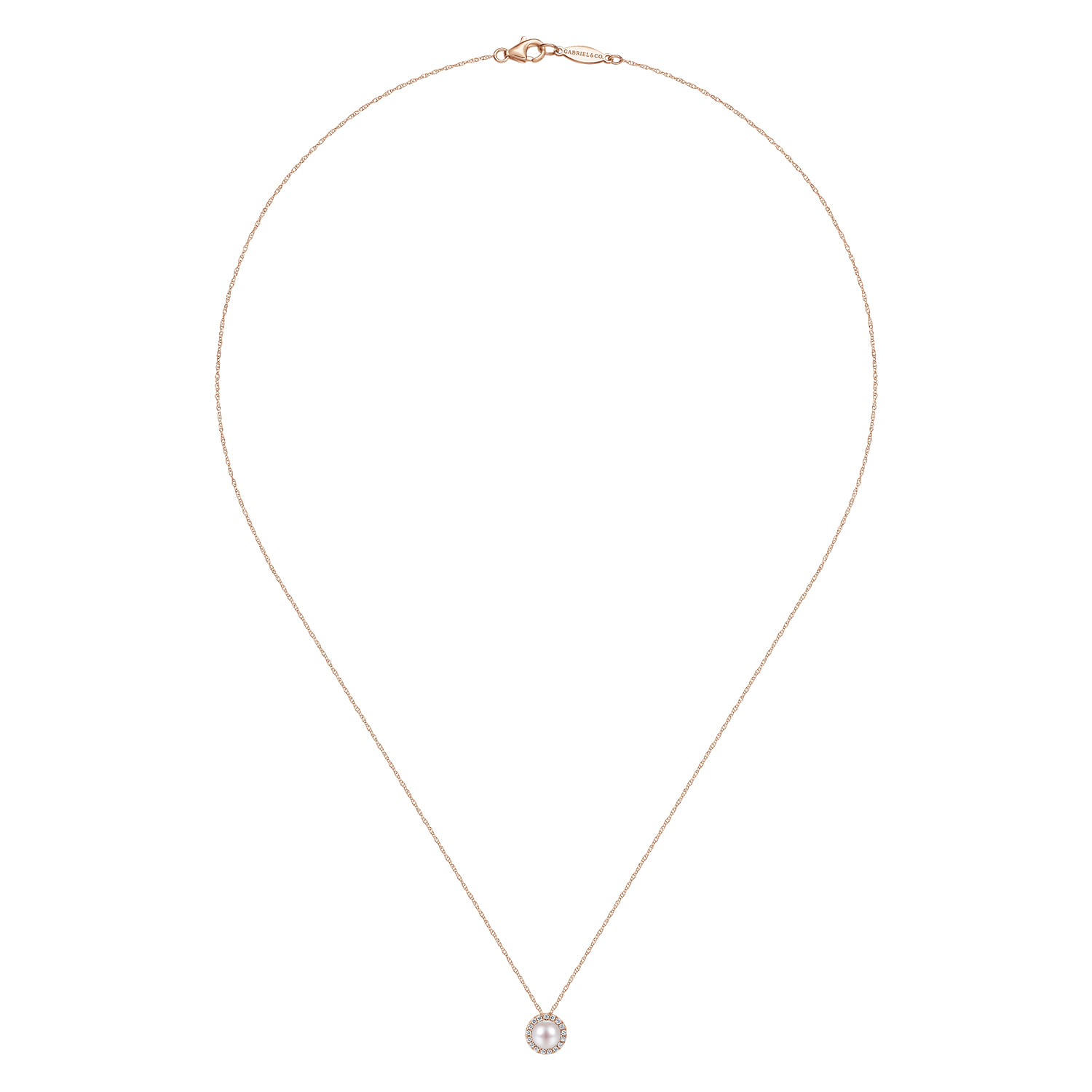 18 Inch 14K Rose Gold Pearl and Diamond Halo Pendant Necklace